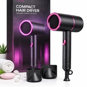 Compact Hair Dryer Pink Black Ionic Blow Dryer Lightweight Travel NEW